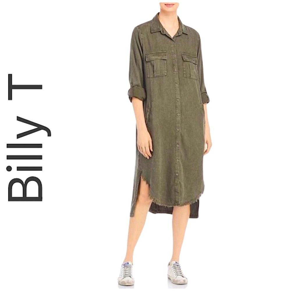 Billy T Leeway Faded Chambray Shirt Dress XS Army Olive Green Utility Boho MIDI - Picture 16 of 16